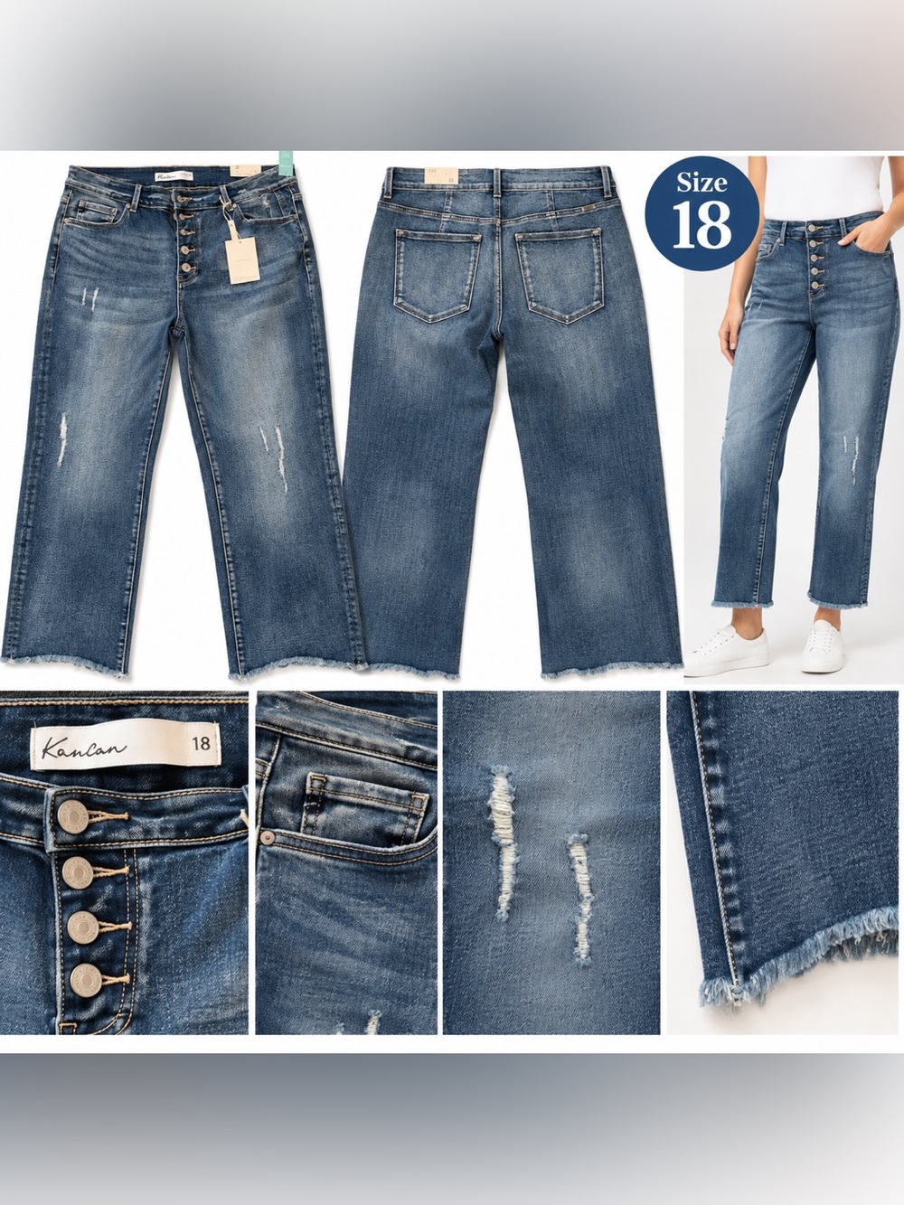 KanCan Mid Blue High-Rise Distressed Cropped Jeans 18 NWT